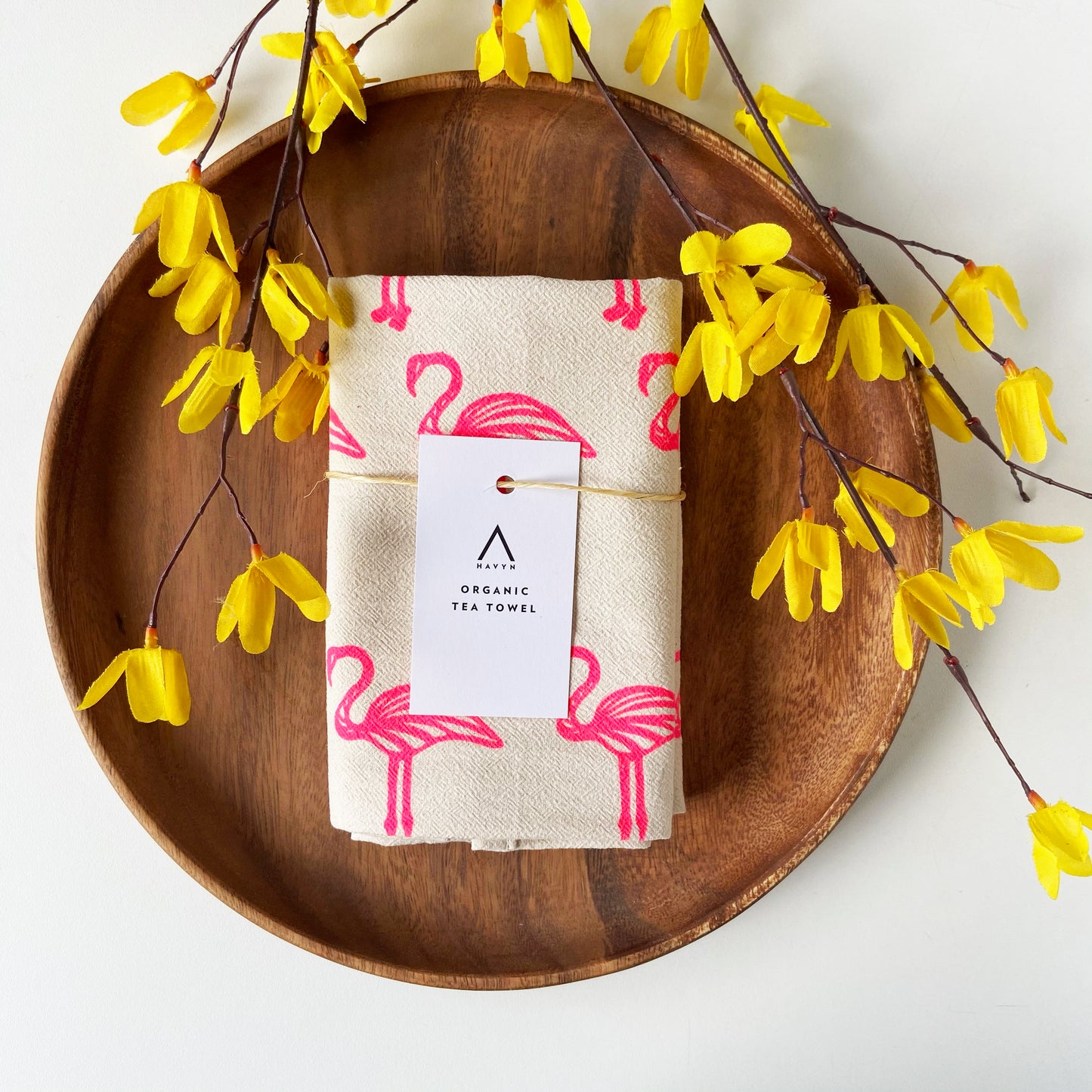 Pink Flamingos Hand Printed Organic Tea Towel
