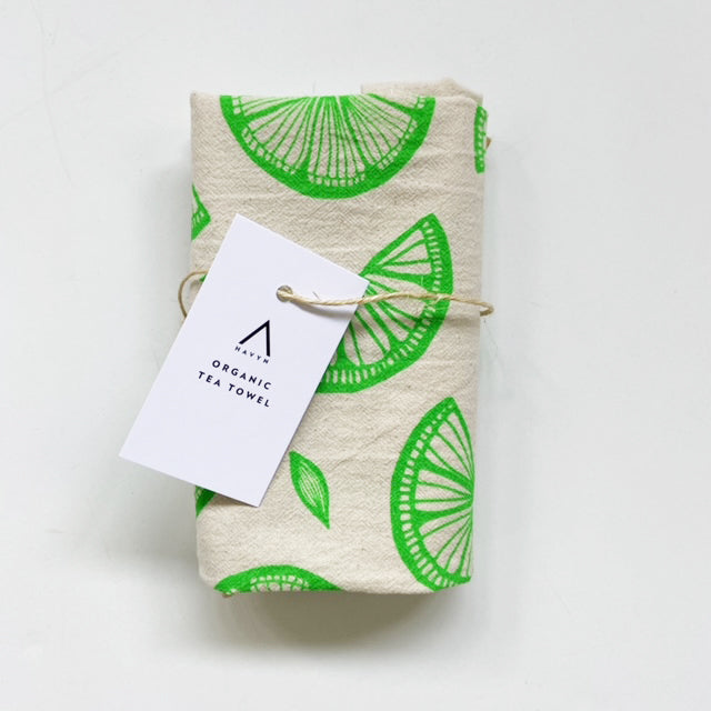 Lime Citrus Hand Printed Organic Tea Towel