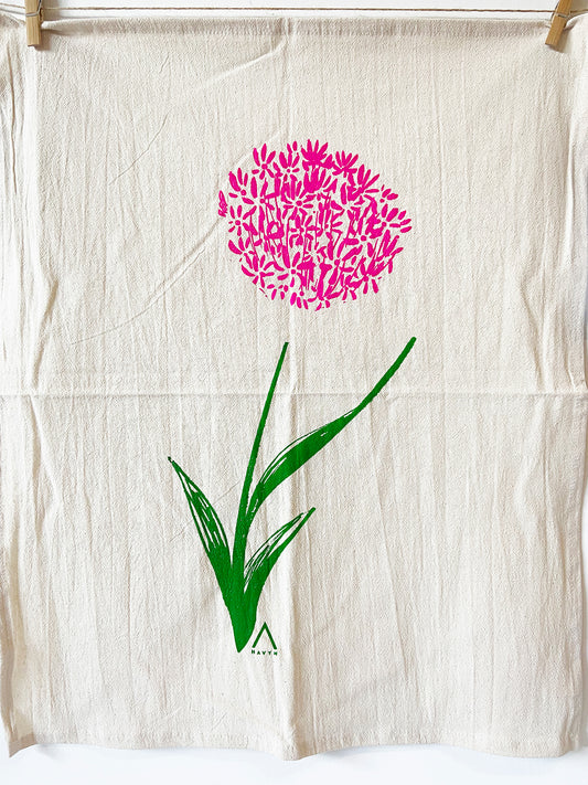 Onion Flower Hand Printed Organic Tea Towel - Pink and Green