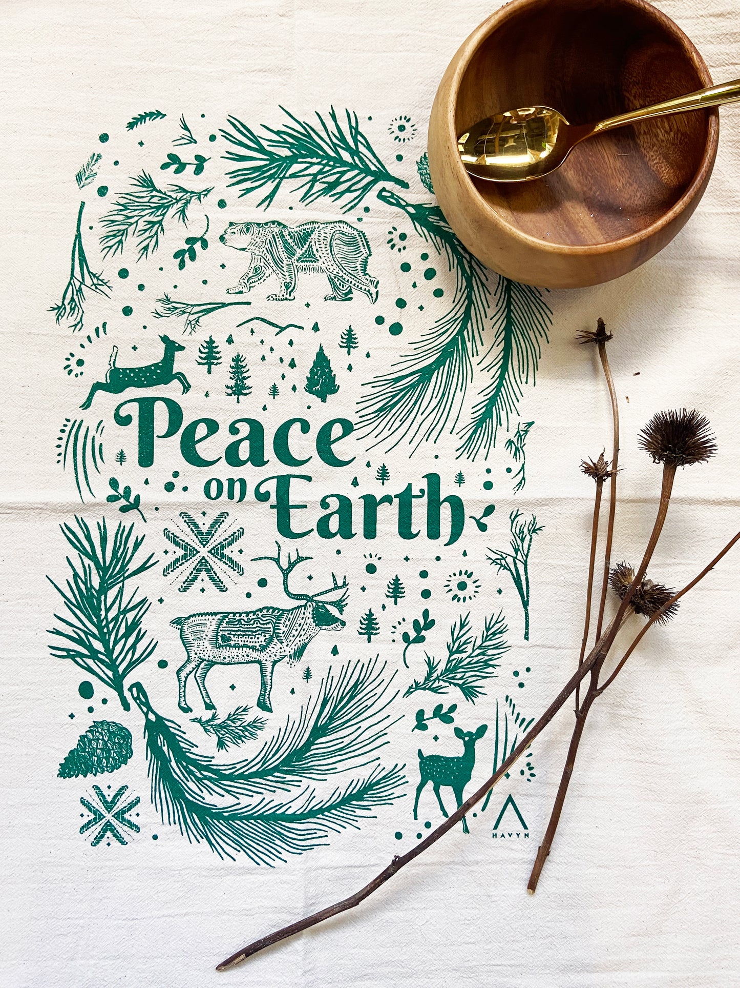 Peace On Earth Hand Printed Organic Tea Towel