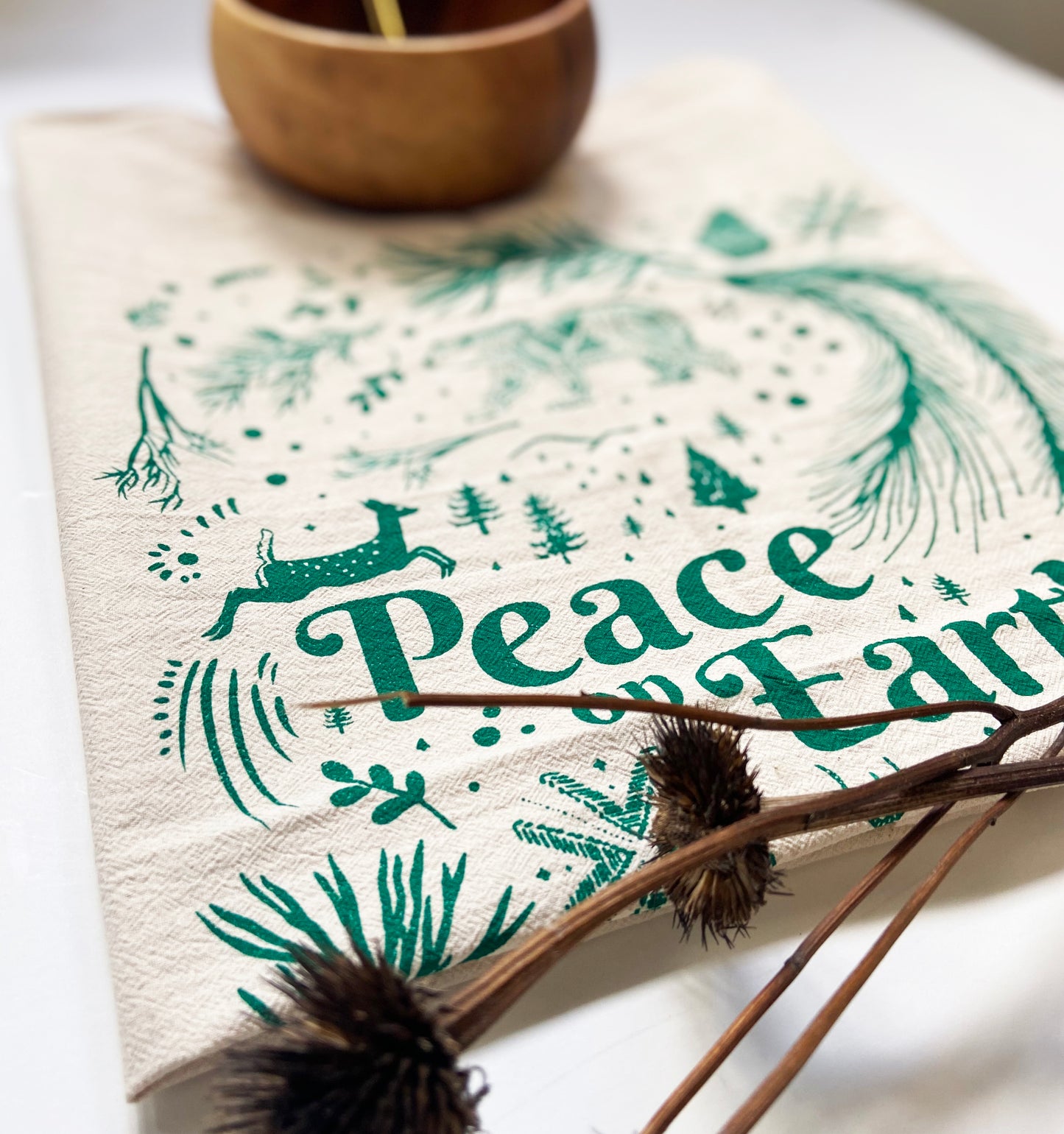 Peace On Earth Hand Printed Organic Tea Towel