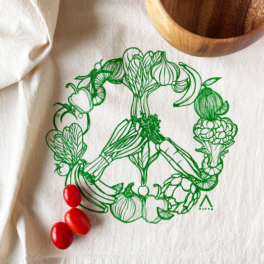 Peace Veggies Hand Printed Organic Cotton Tea Towel