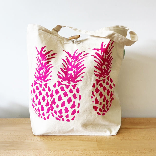 Pink Pineapples Large Recycled Cotton Canvas Tote Bag