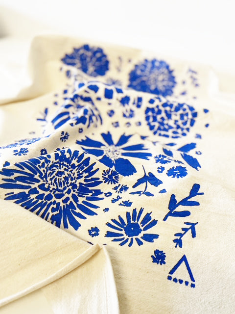 Blue Flowers Hand printed Organic Tea Towel