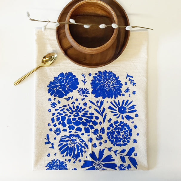 Handmade Cotton Tea Towel  Printed with Sweet Blue Flowers – Woodnote