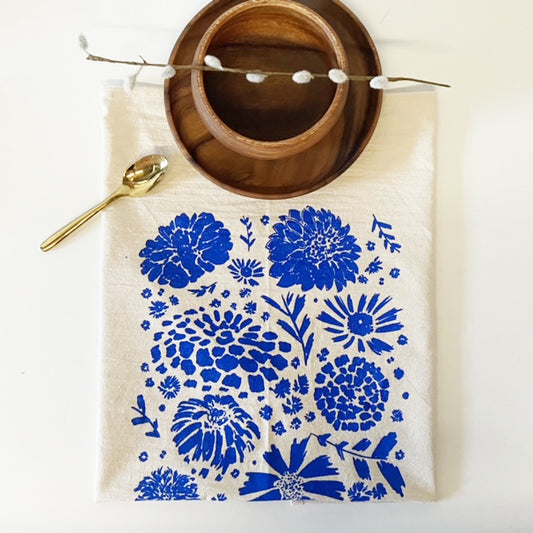 Blue Flowers Hand printed Organic Tea Towel