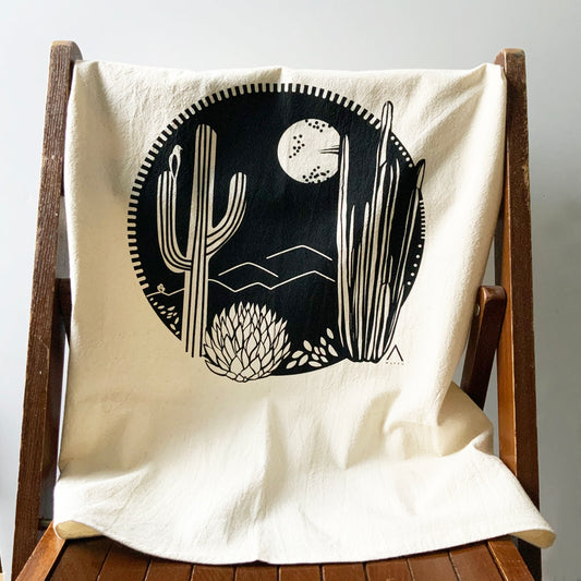 Cactus Crest Tea Towel Hand Printed - Black