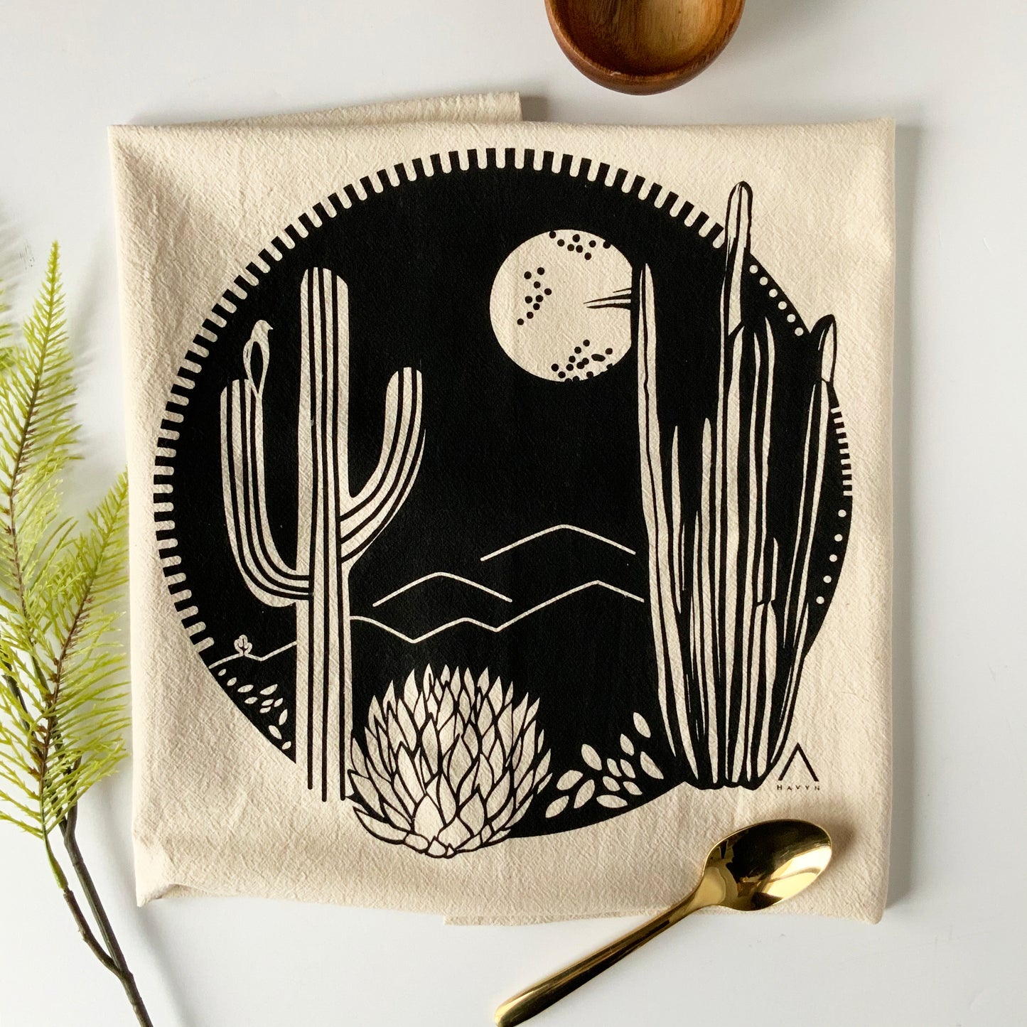Cactus Crest Tea Towel Hand Printed - Black
