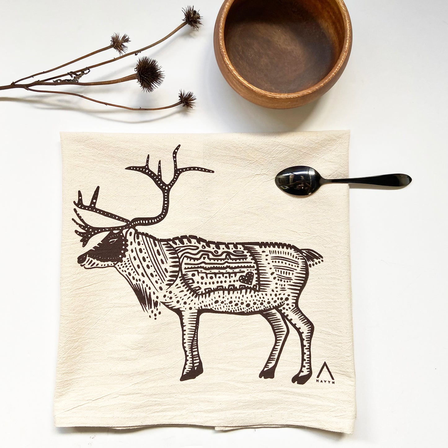 Caribou Hand Printed Organic Tea Towel - Brown