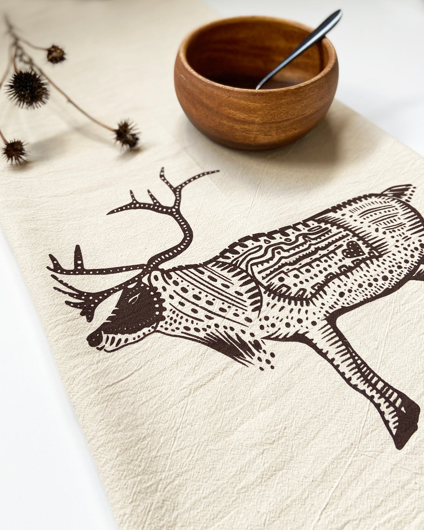 Caribou Hand Printed Organic Tea Towel - Brown