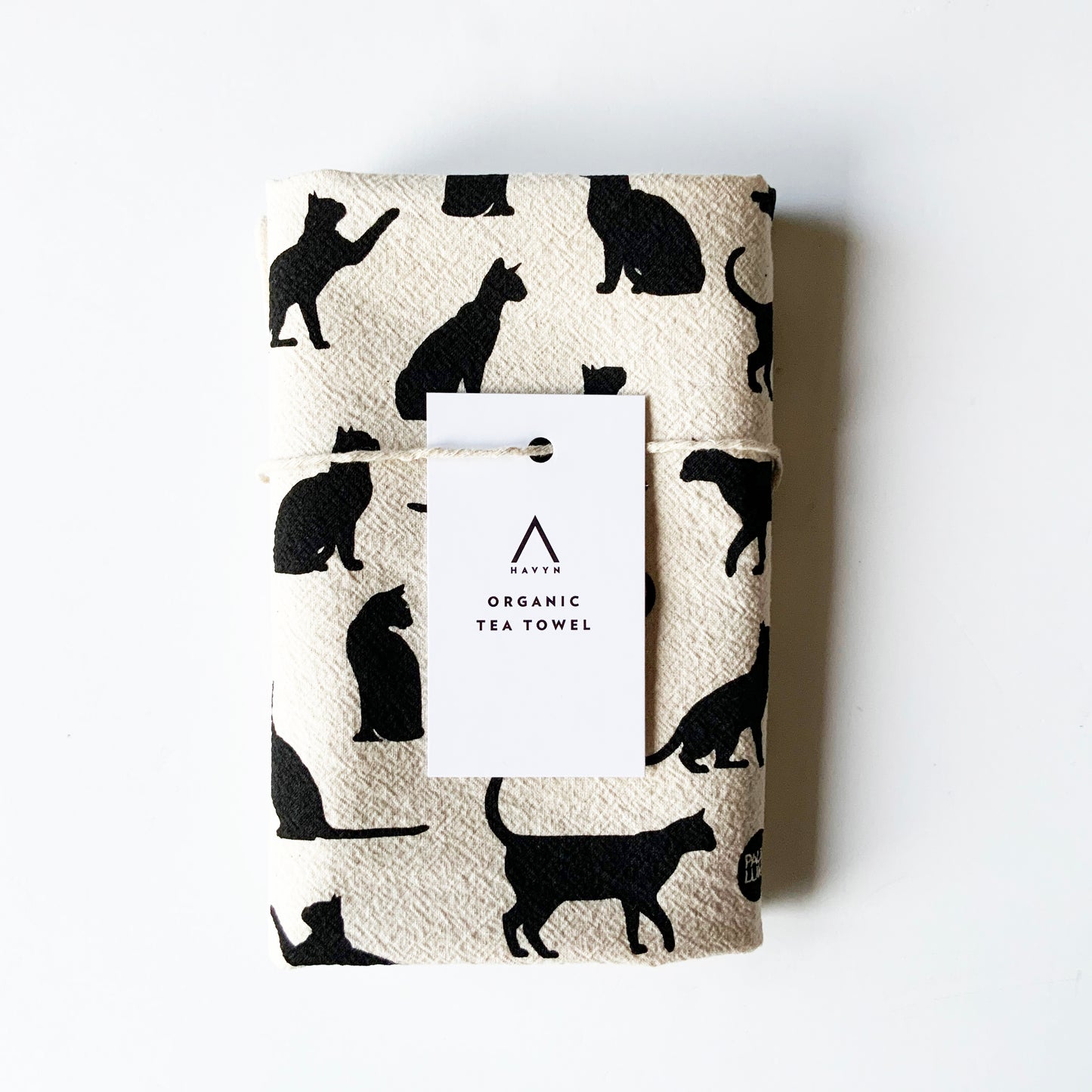 Cats Hand Printed Organic Tea Towel - Black