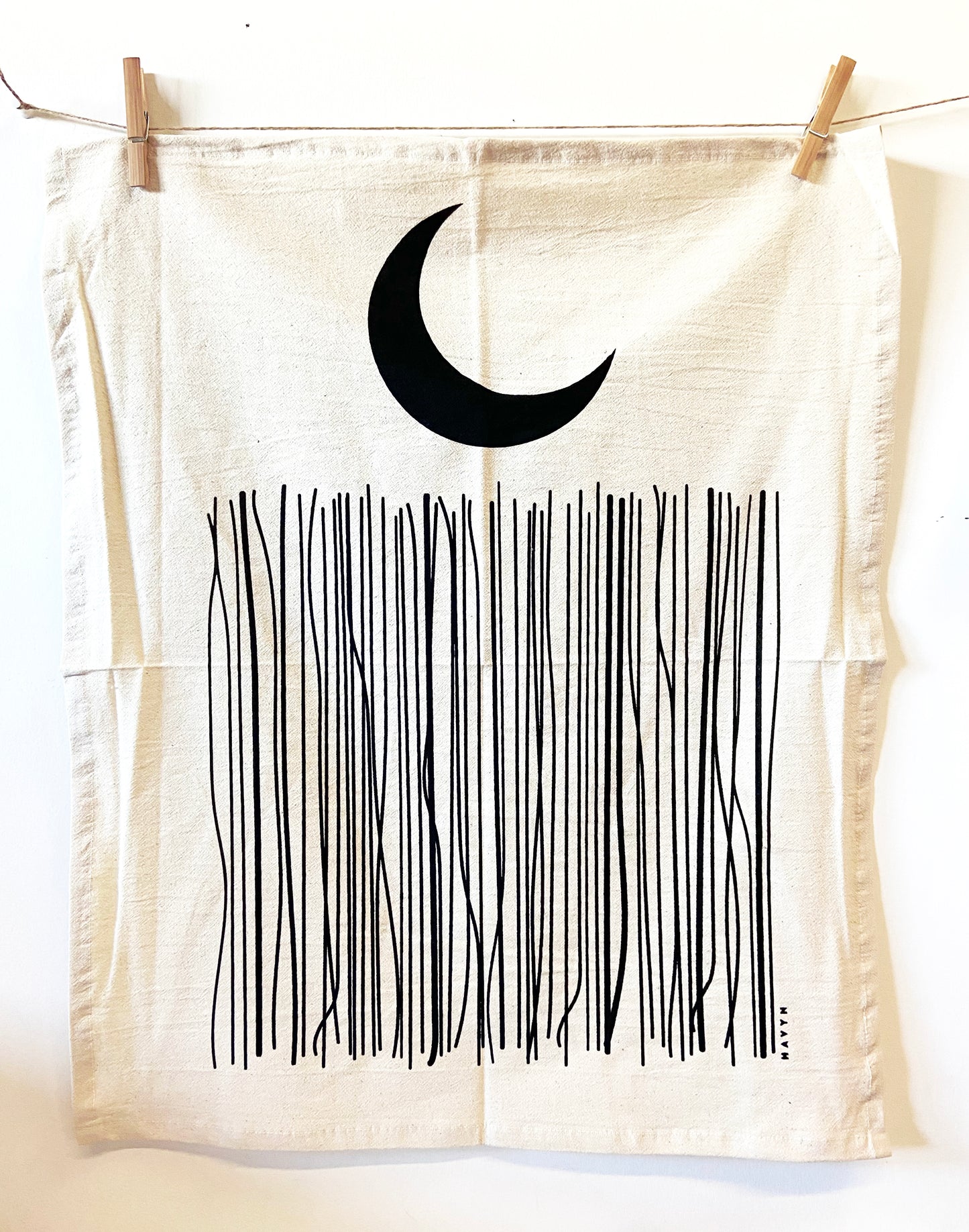 Crescent Moon Hand Printed Organic Tea Towel - Black