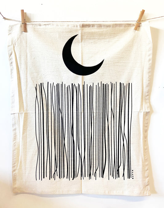 Crescent Moon Hand Printed Organic Tea Towel - Black