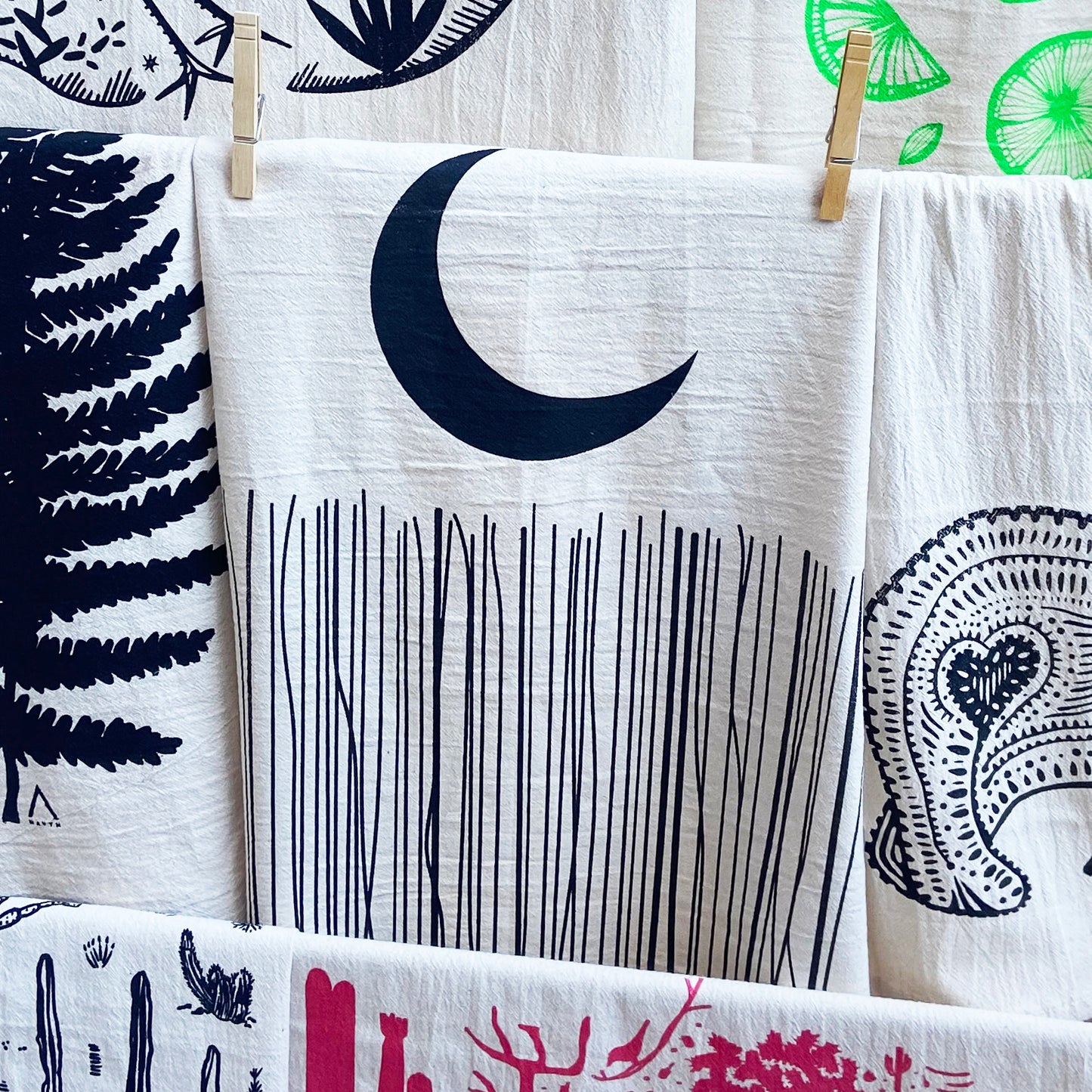 Crescent Moon Hand Printed Organic Tea Towel - Black