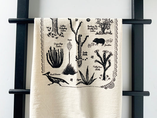 Desert Species Hand Printed Organic Tea Towel - Black