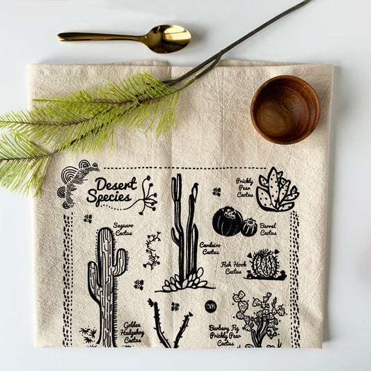 Desert Species Hand Printed Organic Tea Towel - Black