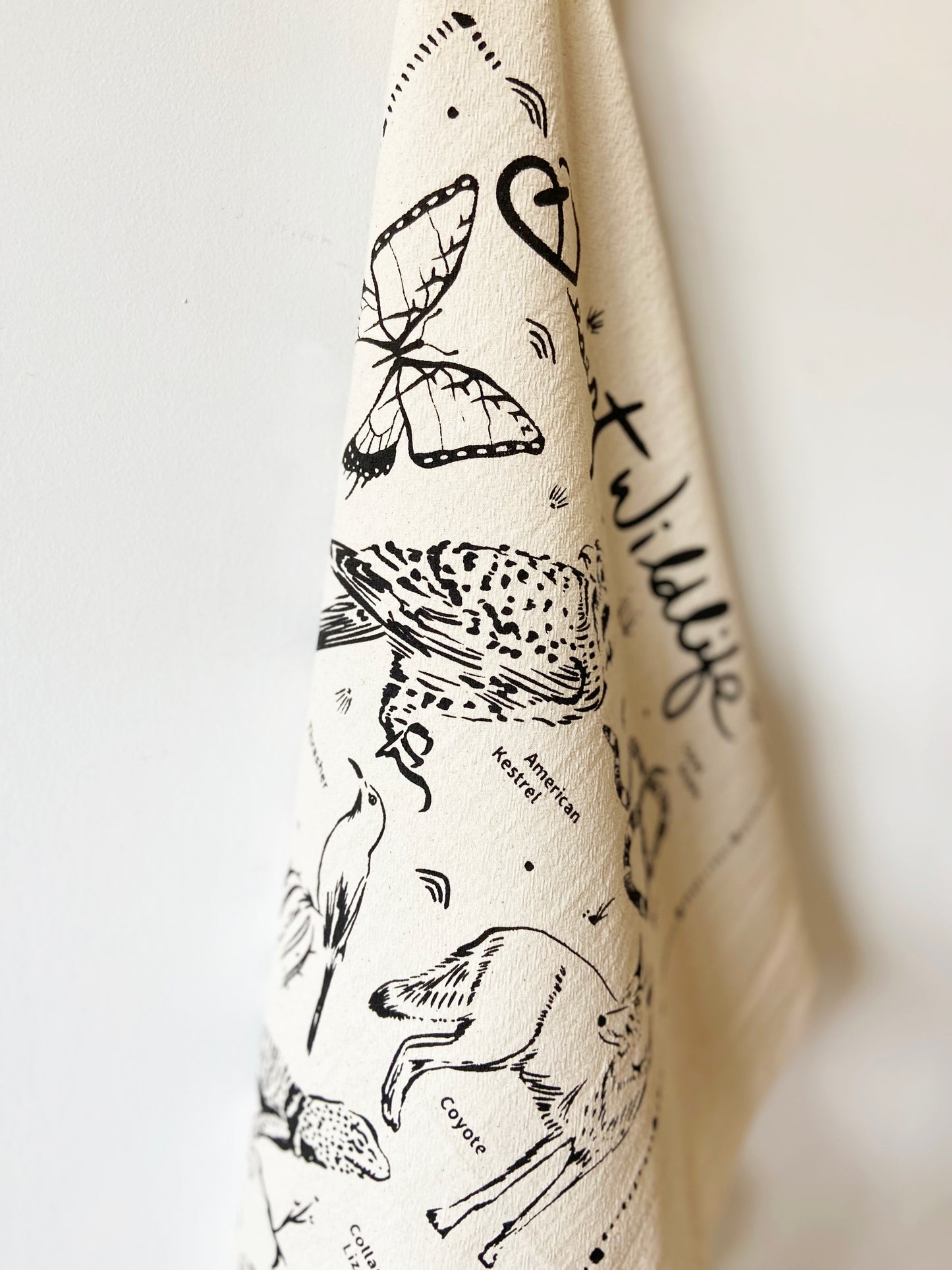 Desert Wildlife Hand Printed Organic Tea Towel - Black