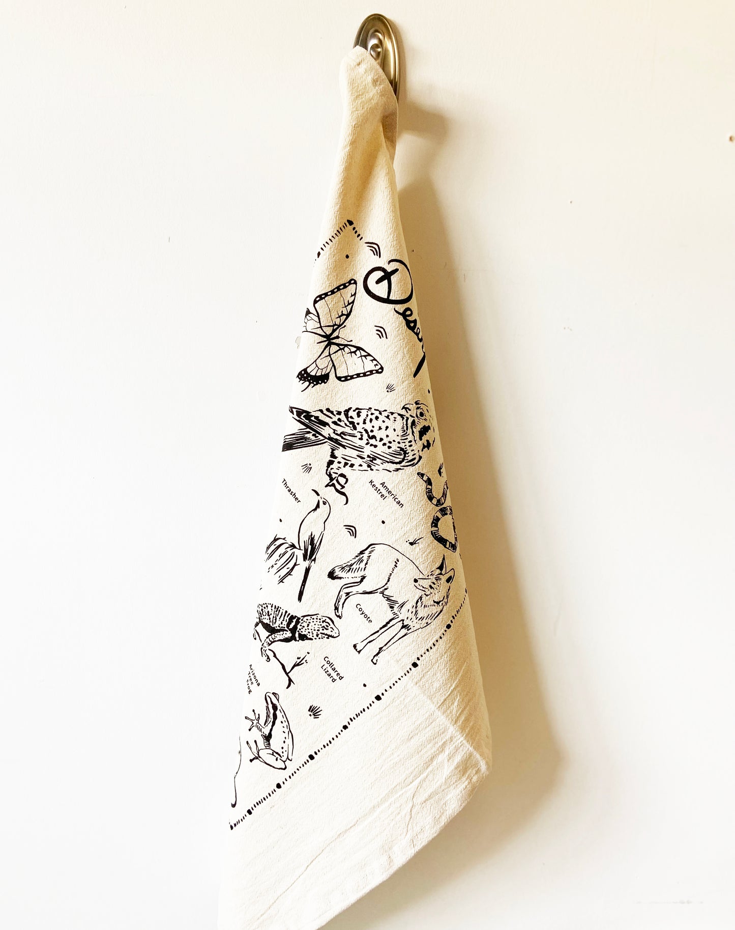 Desert Wildlife Hand Printed Organic Tea Towel - Black