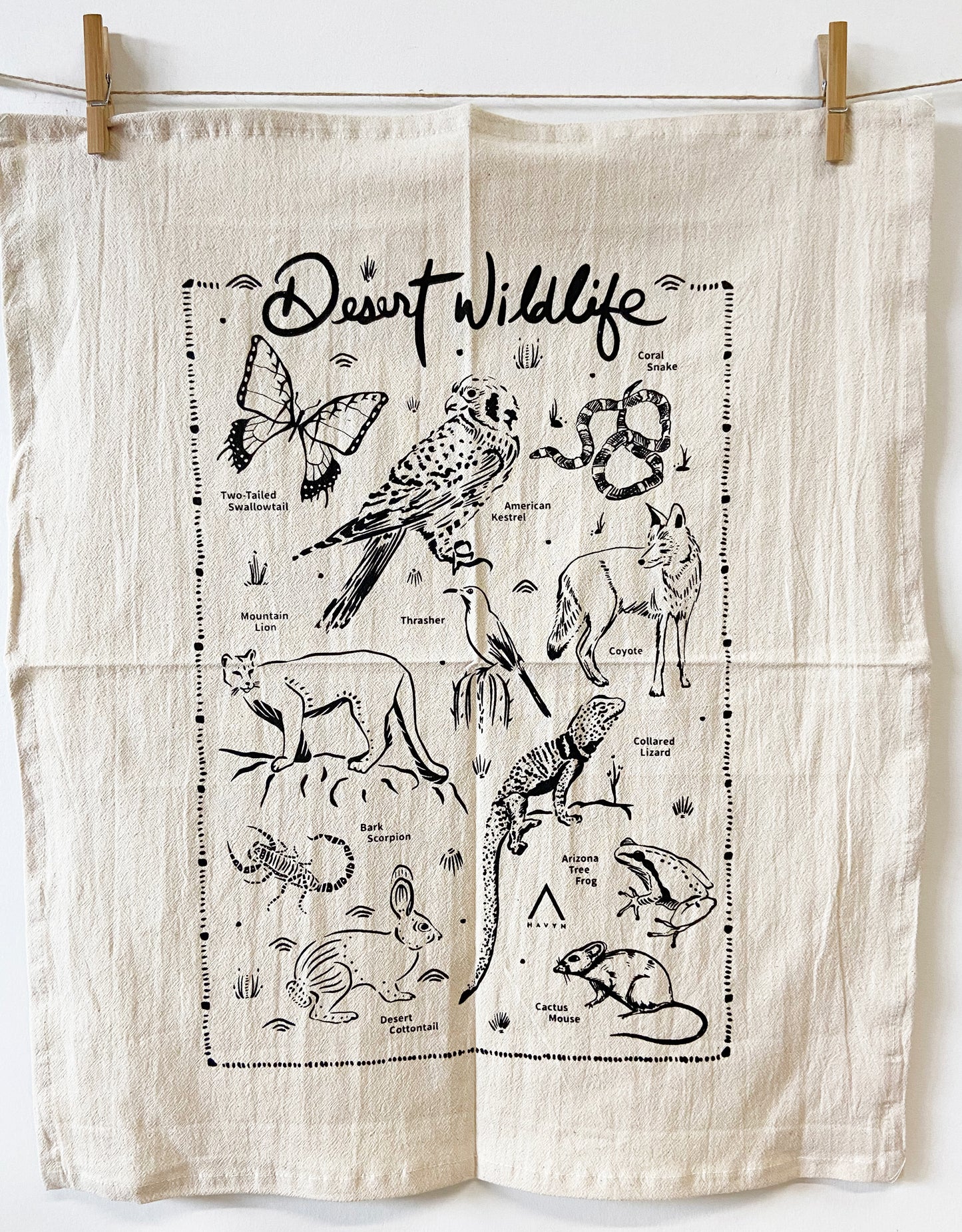 Desert Wildlife Hand Printed Organic Tea Towel - Black