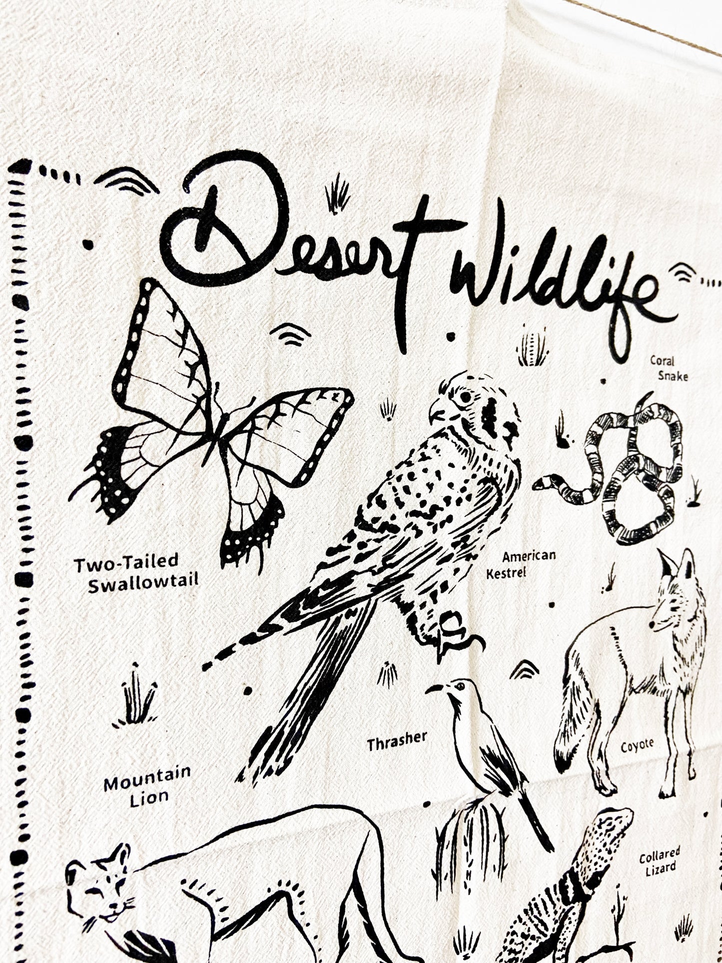 Desert Wildlife Hand Printed Organic Tea Towel - Black
