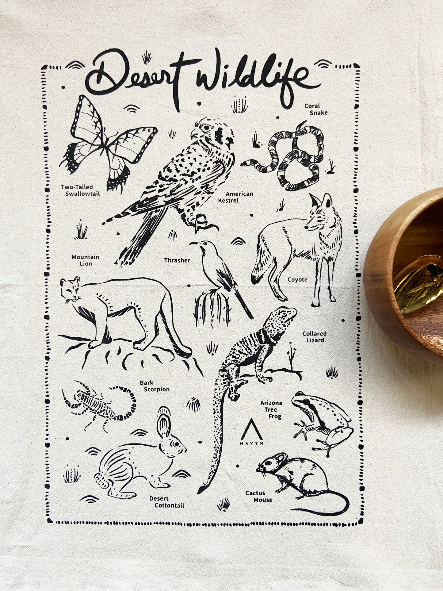 Desert Wildlife Hand Printed Organic Tea Towel - Black