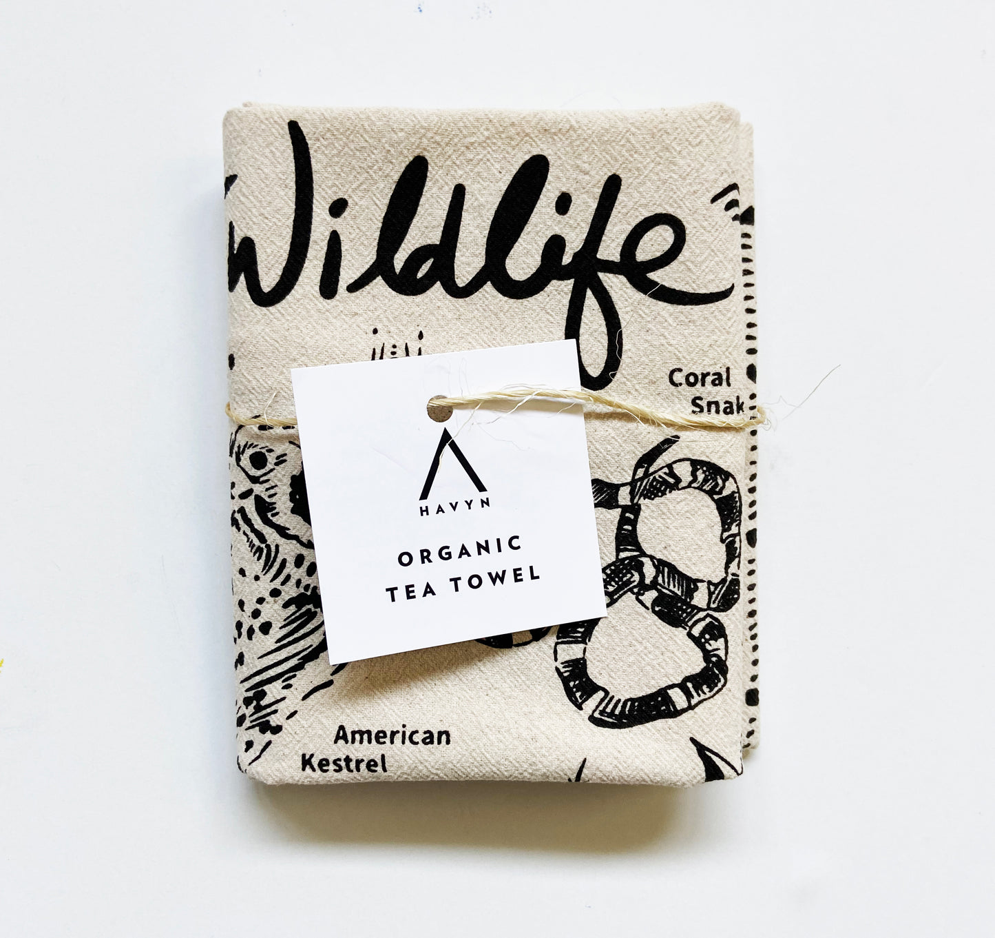 Desert Wildlife Hand Printed Organic Tea Towel - Black
