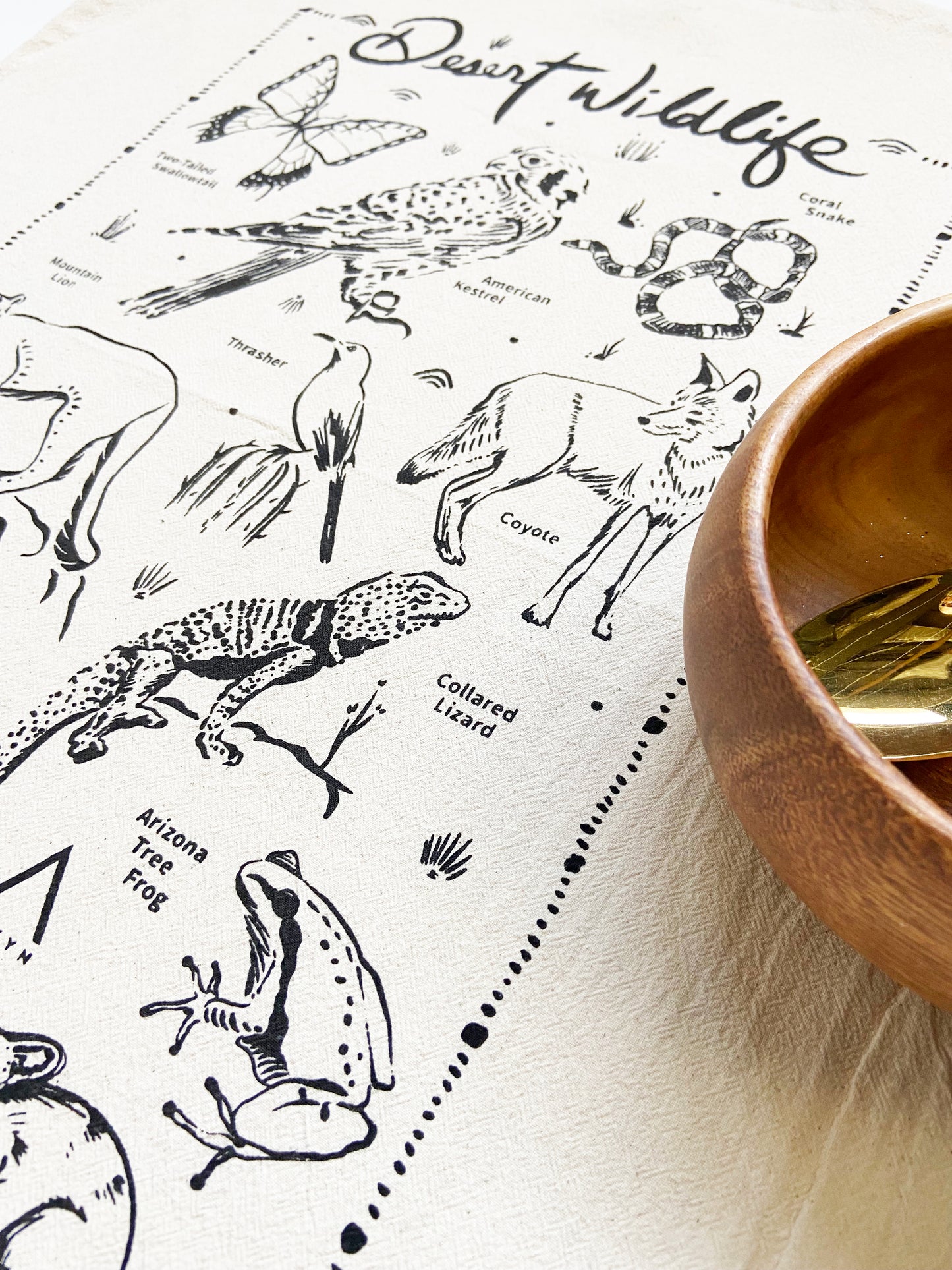 Desert Wildlife Hand Printed Organic Tea Towel - Black