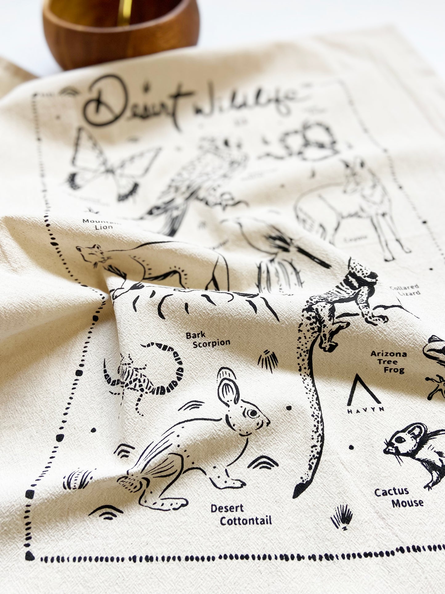 Desert Wildlife Hand Printed Organic Tea Towel - Black