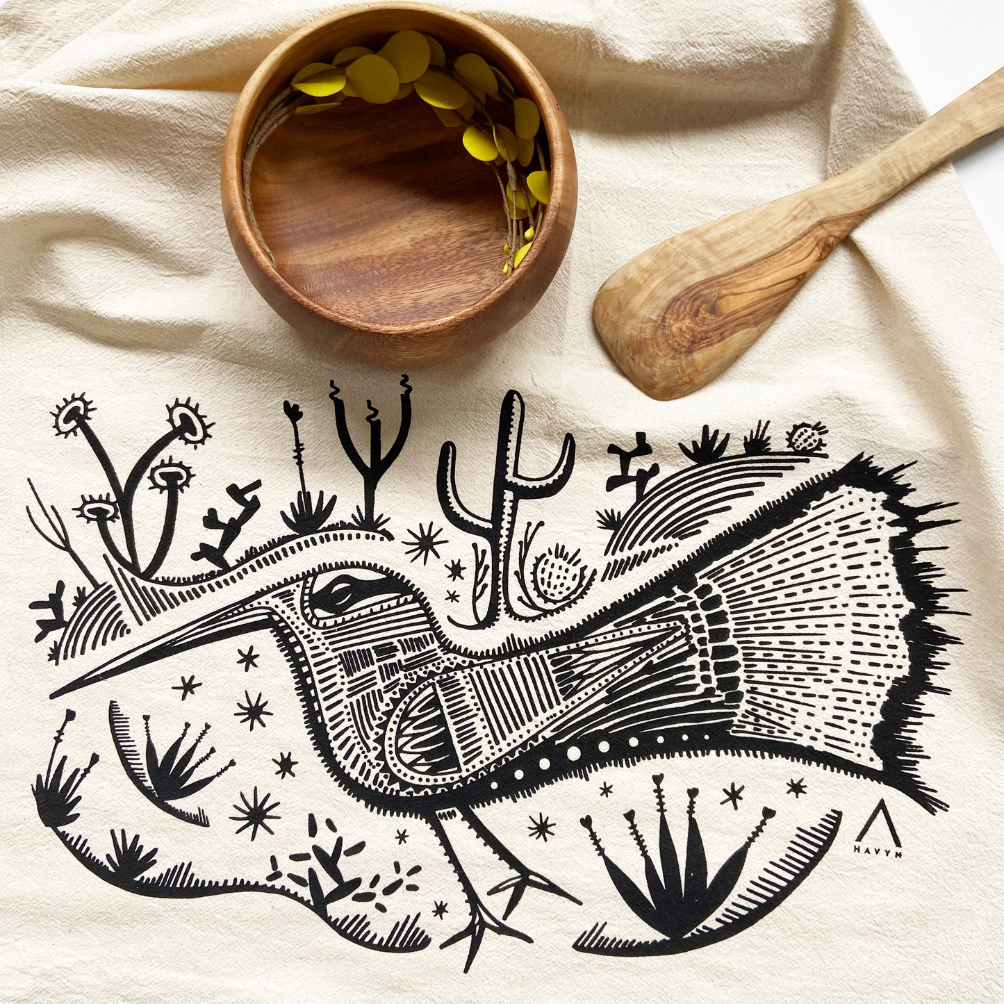 Desert Roadrunner Bird Hand Printed Organic Tea Towel