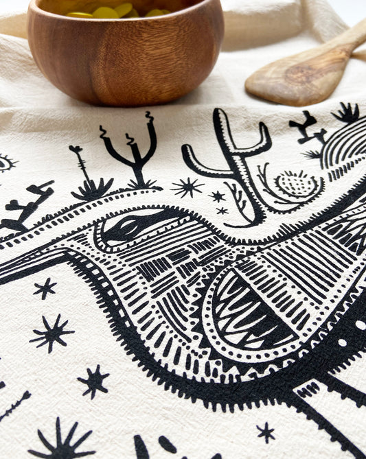 Desert Roadrunner Bird Hand Printed Organic Tea Towel