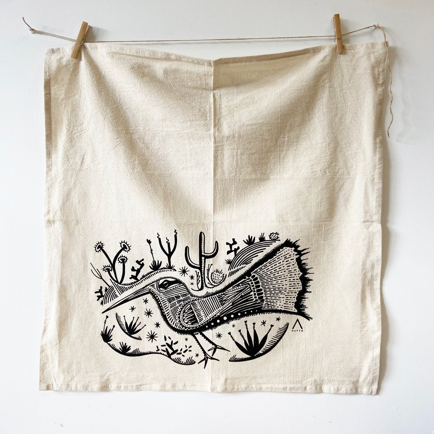 Desert Roadrunner Bird Hand Printed Organic Tea Towel