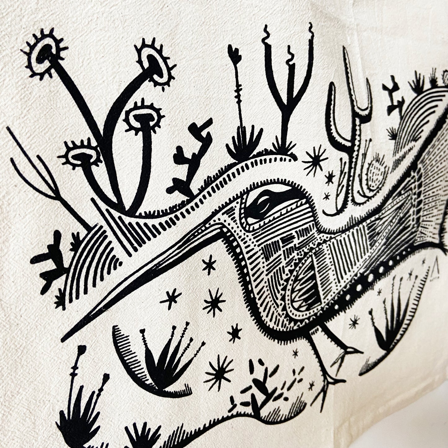 Desert Roadrunner Bird Hand Printed Organic Tea Towel
