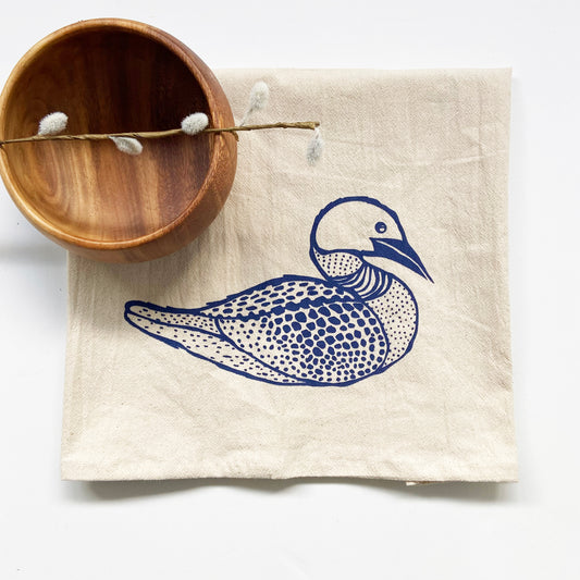 Loon Duck Hand Printed Organic Tea Towel - Blue