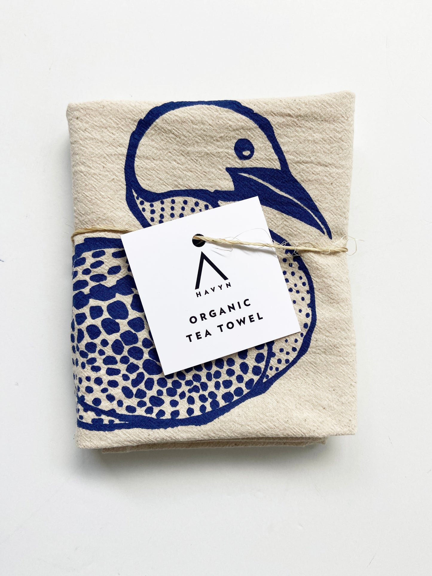 Loon Duck Hand Printed Organic Tea Towel - Blue