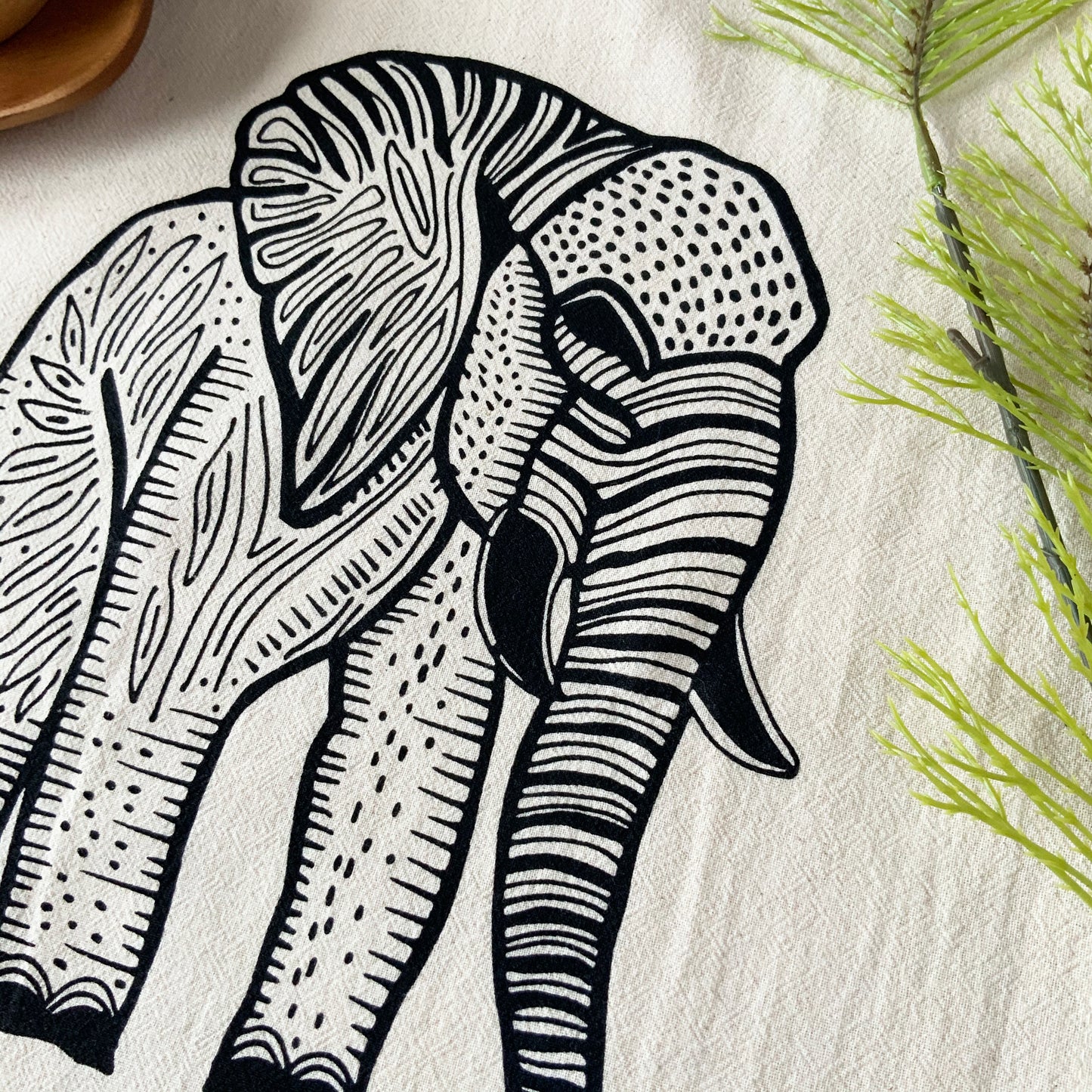 Elephant Tea Towel Organic Hand Printed