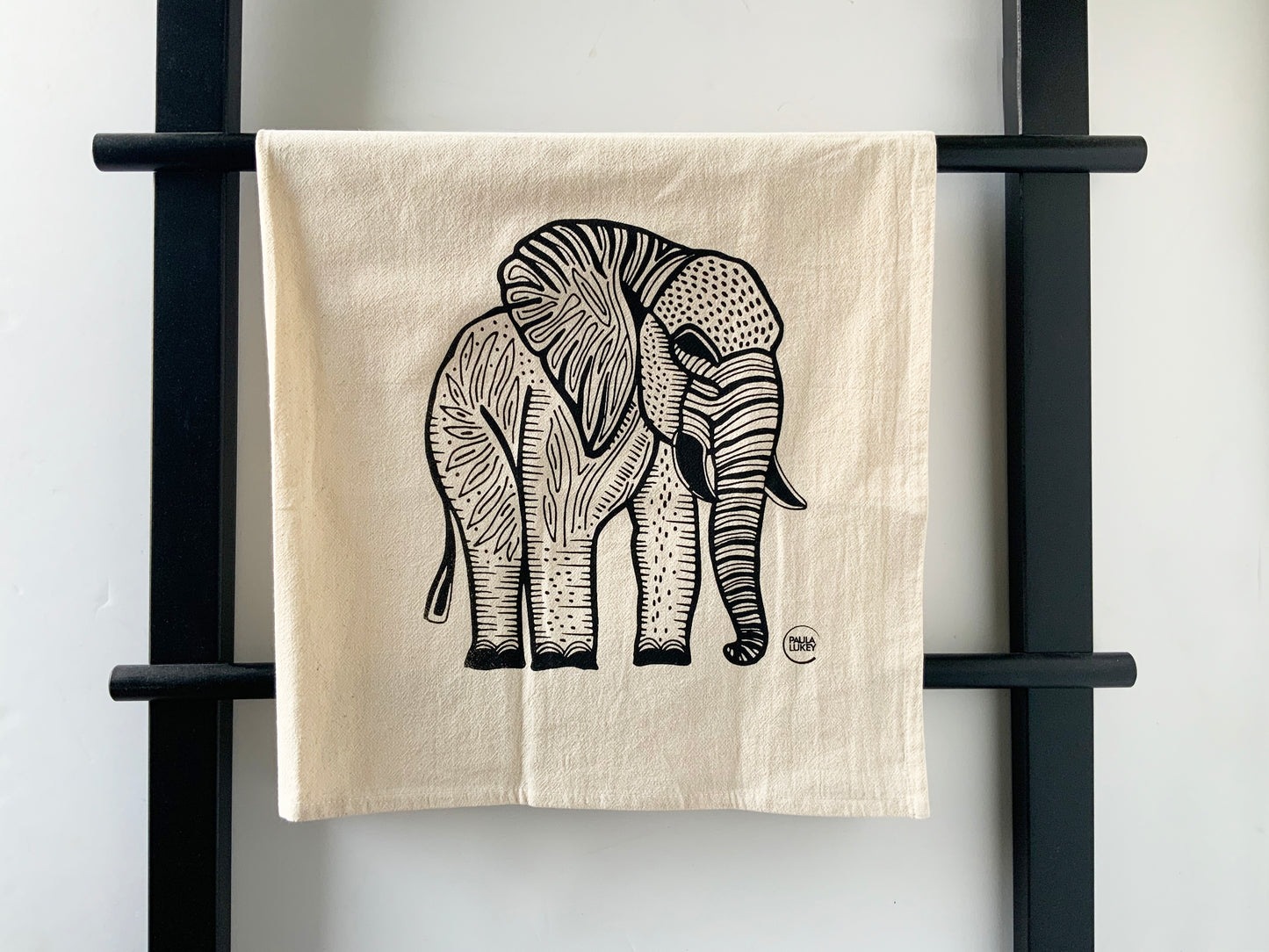 Elephant Tea Towel Organic Hand Printed