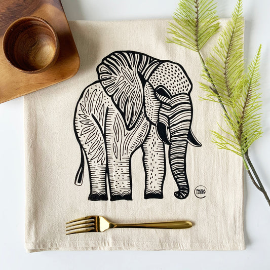 Elephant Tea Towel Organic Hand Printed