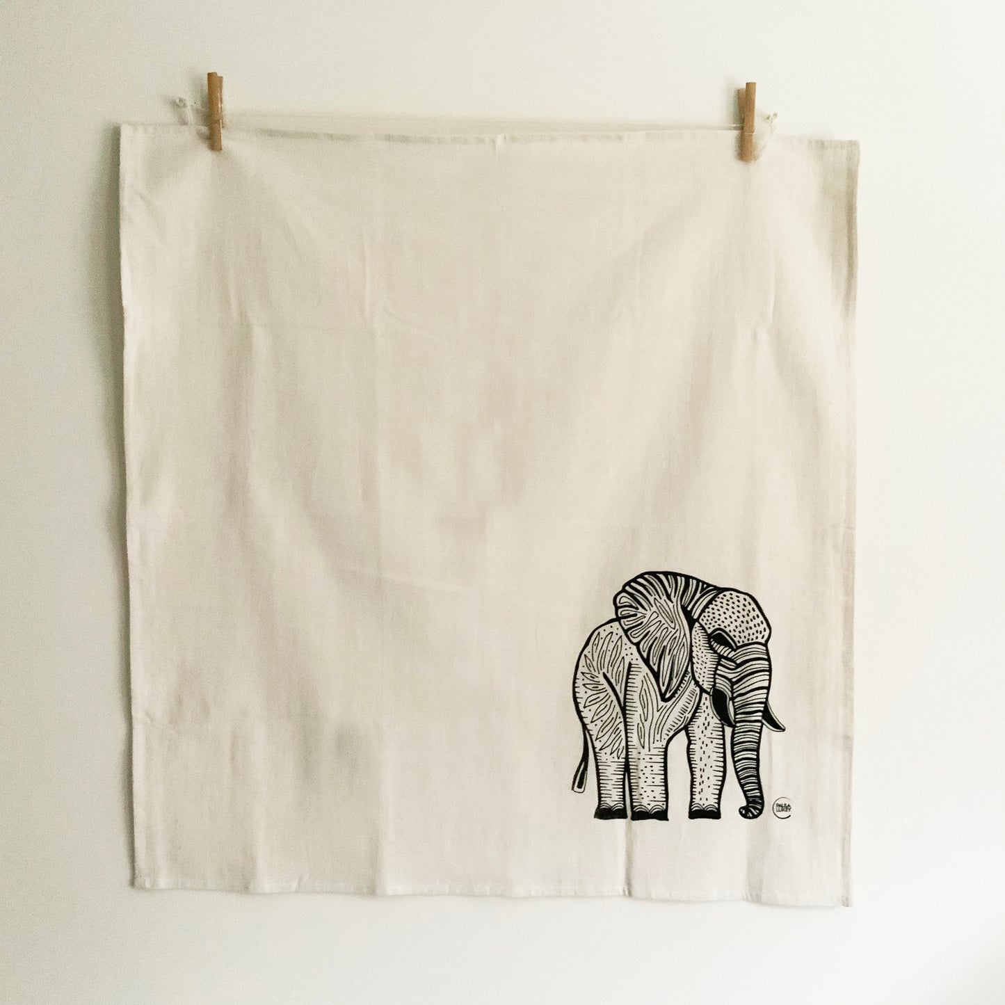 Elephant Tea Towel Organic Hand Printed