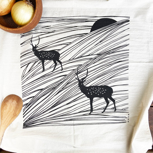 Elk and Sunset Organic Cotton Tea Towel - Black