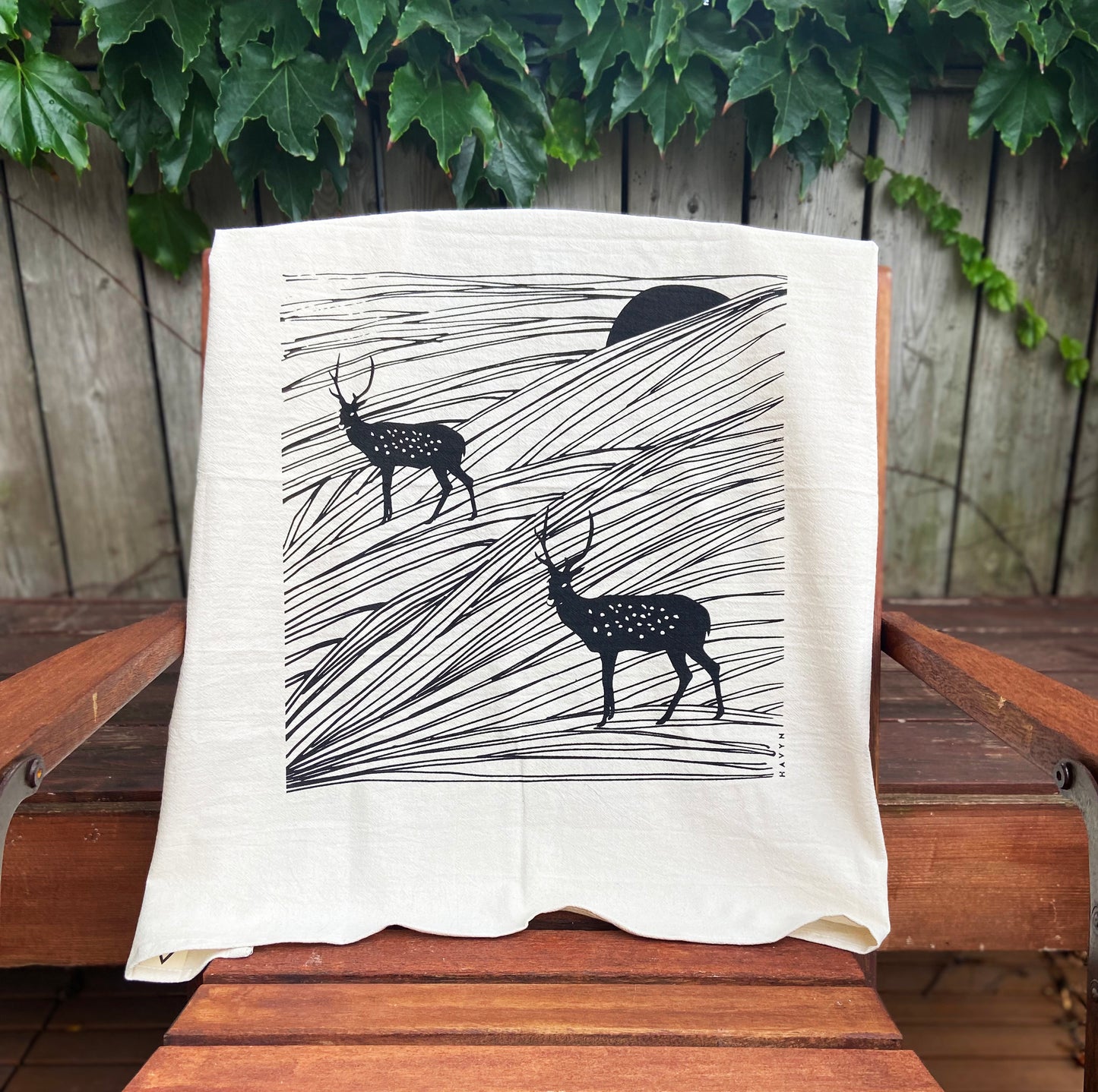 Elk and Sunset Organic Cotton Tea Towel - Black