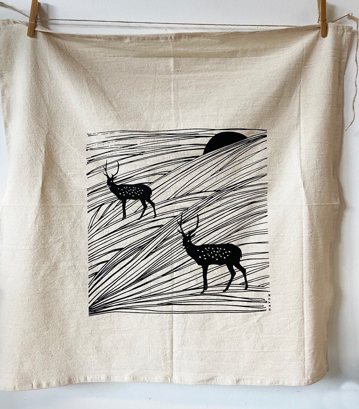 Elk and Sunset Organic Cotton Tea Towel - Black