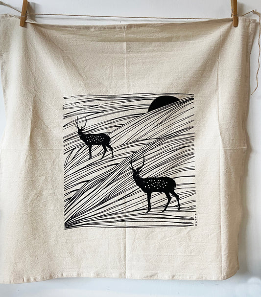 Elk and Sunset Organic Cotton Tea Towel - Black