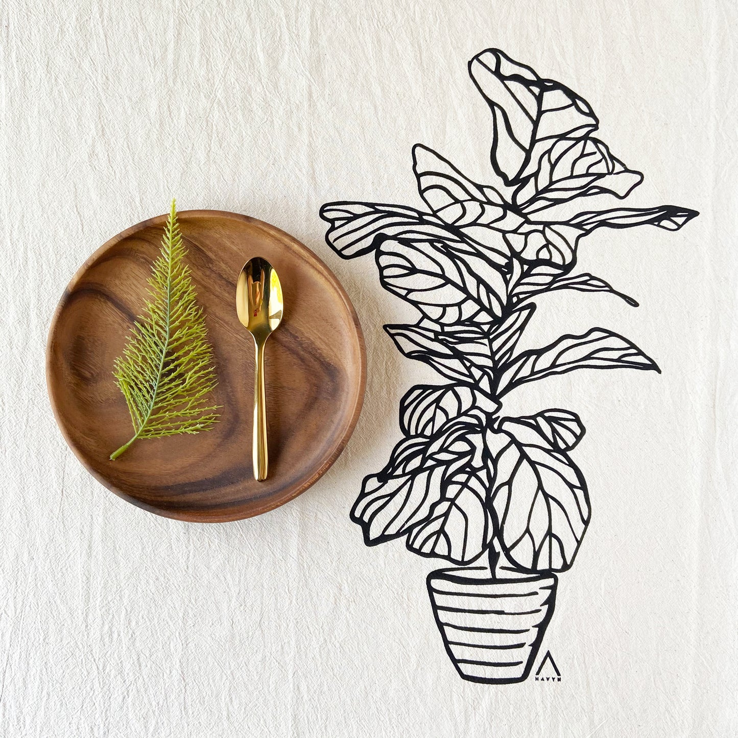 Big Fig Tree Hand Printed Organic Tea Towel - Black or Green