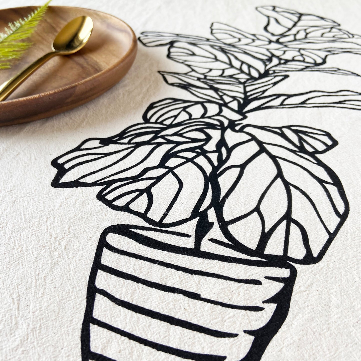 Big Fig Tree Hand Printed Organic Tea Towel - Black or Green
