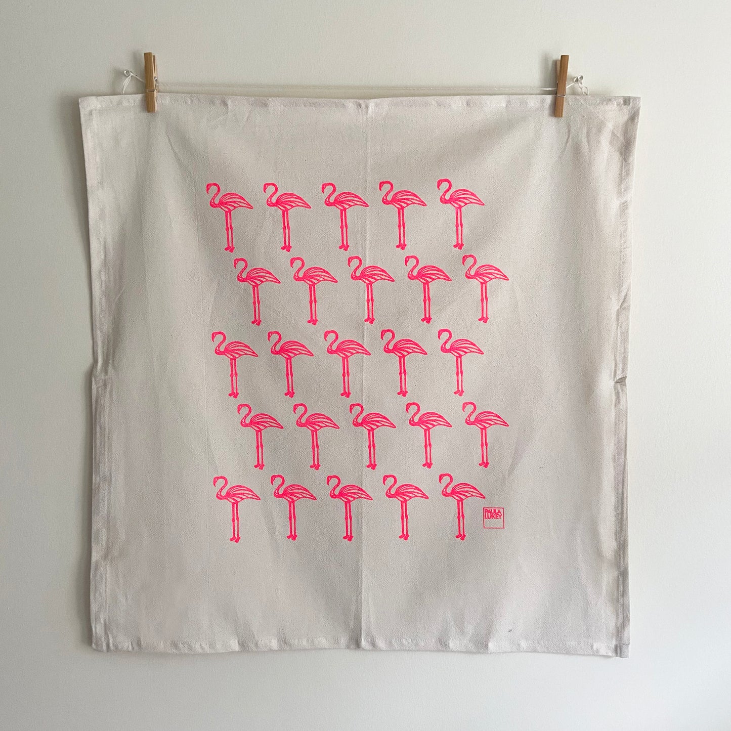 Pink Flamingos Hand Printed Organic Tea Towel