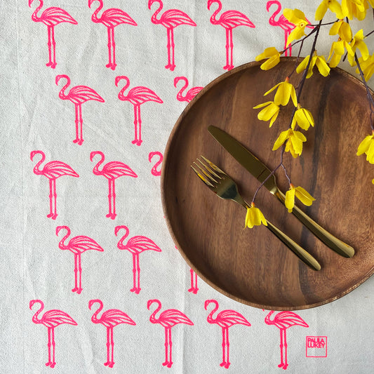 Pink Flamingos Hand Printed Organic Tea Towel
