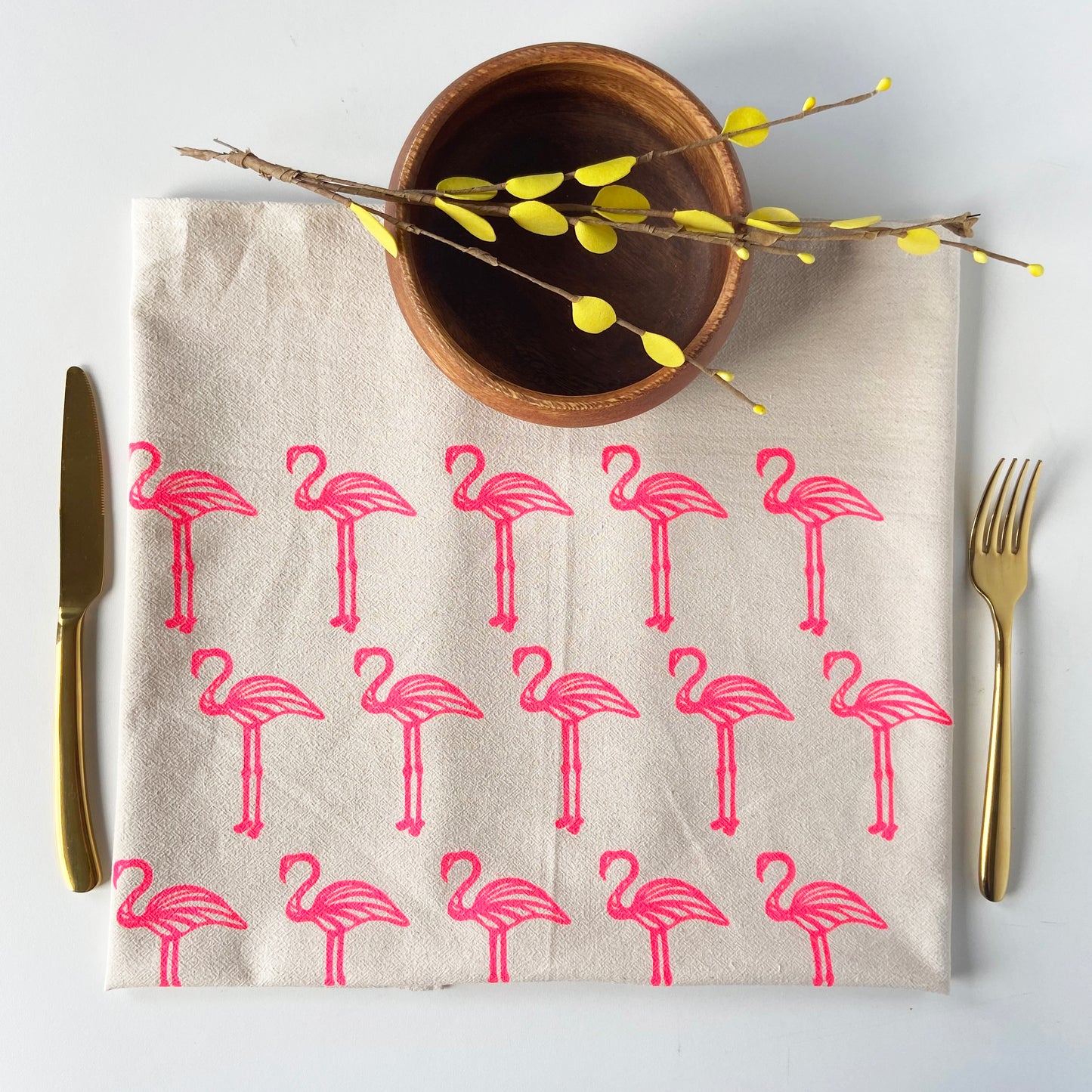 Pink Flamingos Hand Printed Organic Tea Towel