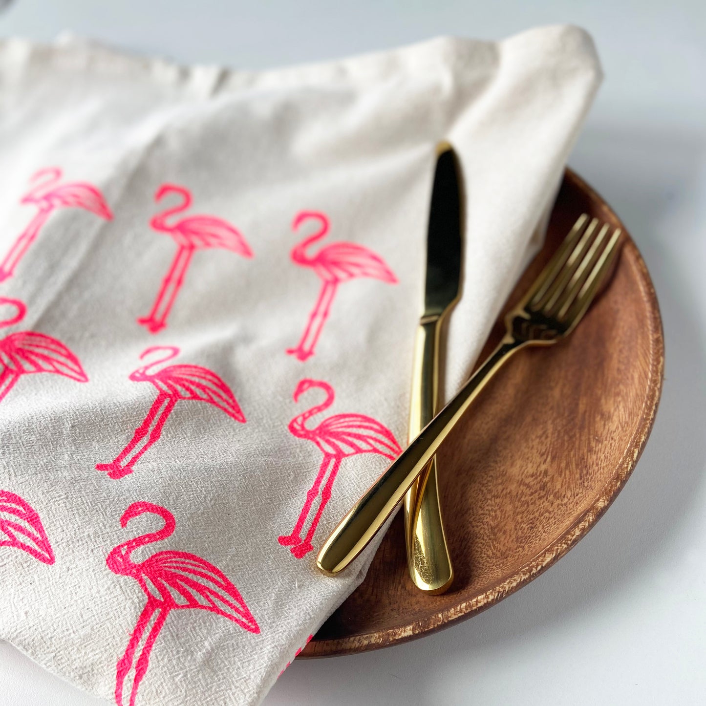 Pink Flamingos Hand Printed Organic Tea Towel