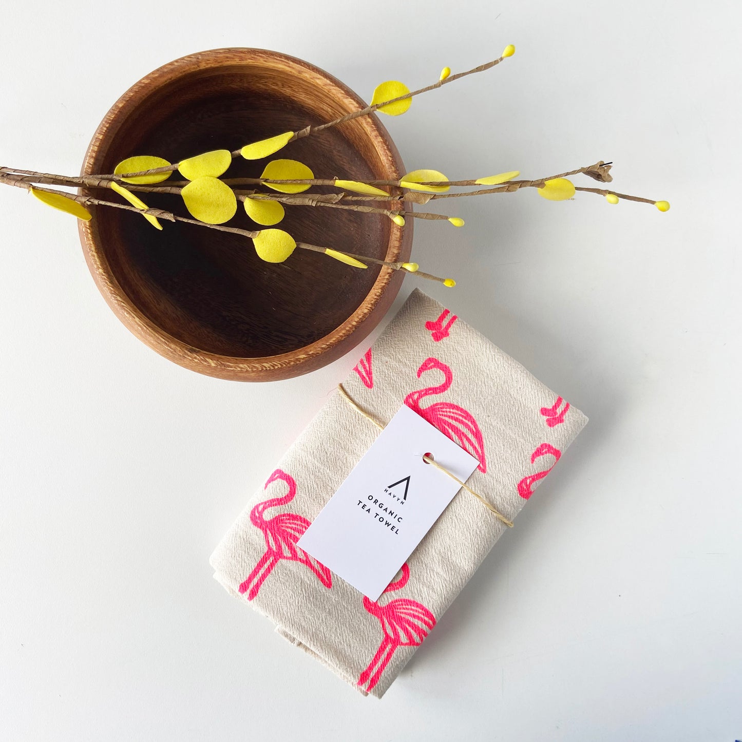 Pink Flamingos Hand Printed Organic Tea Towel