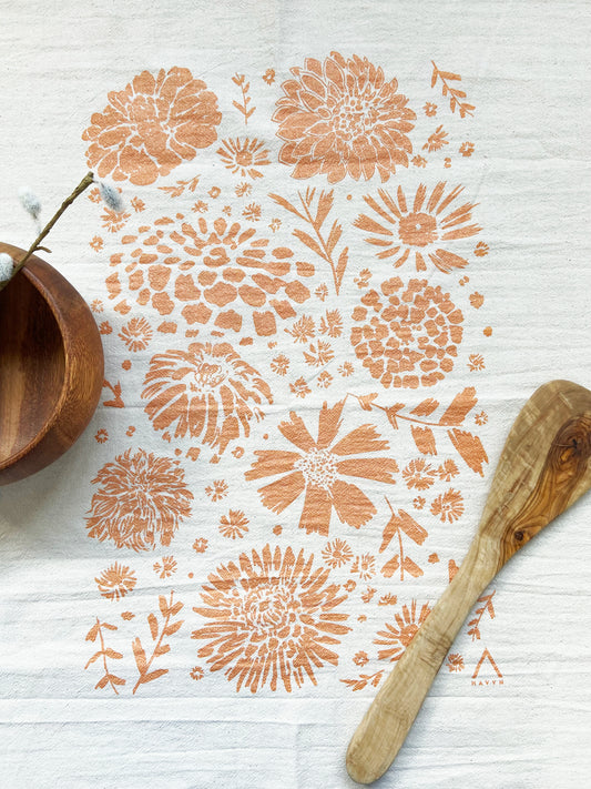 Marigold Flowers Orange Hand Printed Organic Tea Towel